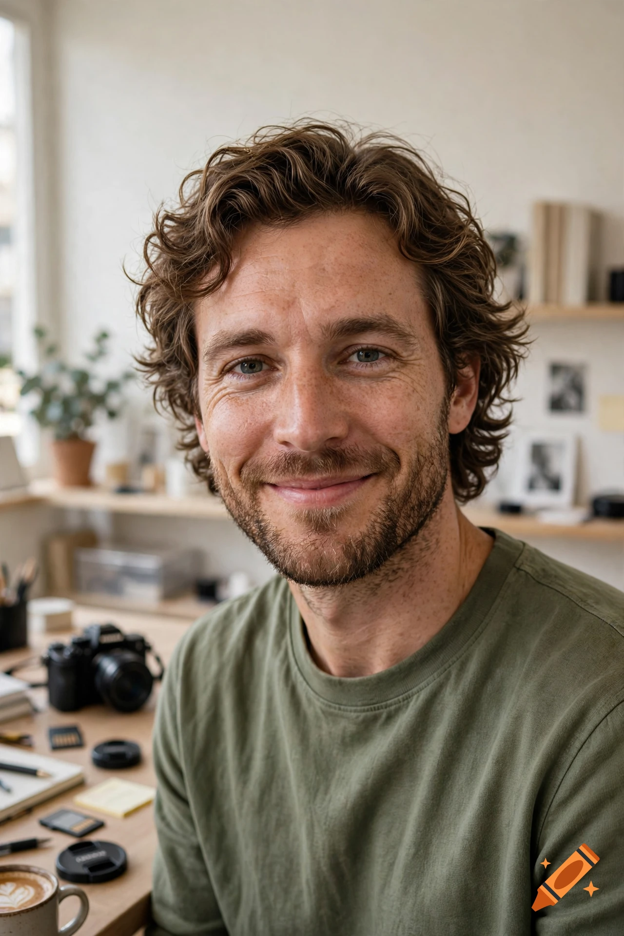 Photorealistic close-up portrait of a smiling man with curly brown hair and stubble, sitting at a wooden desk with a camera and coffee.