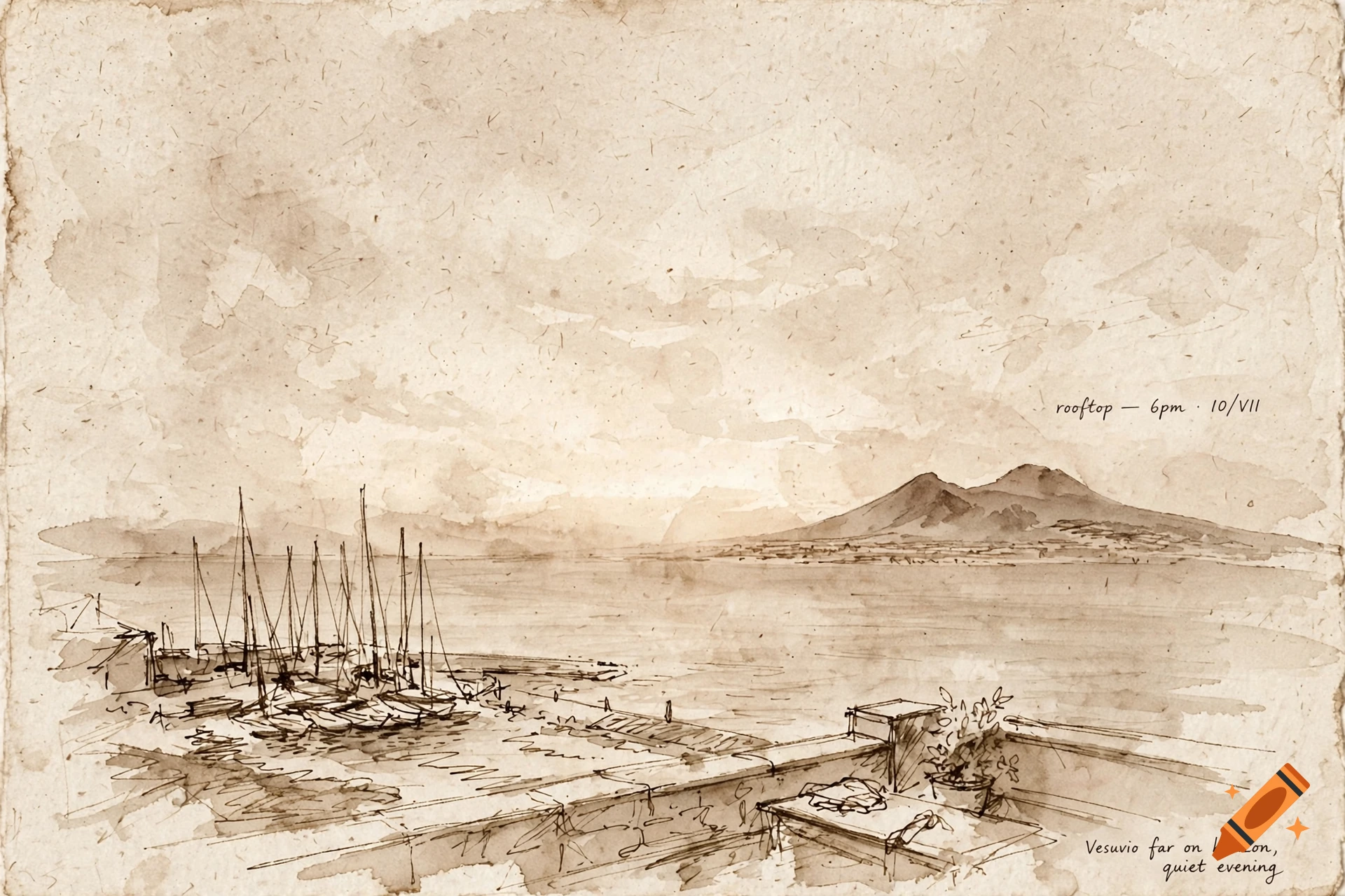Sepia ink and watercolor sketch of a harbor and Mount Vesuvius from a rooftop terrace, with handwritten notes.