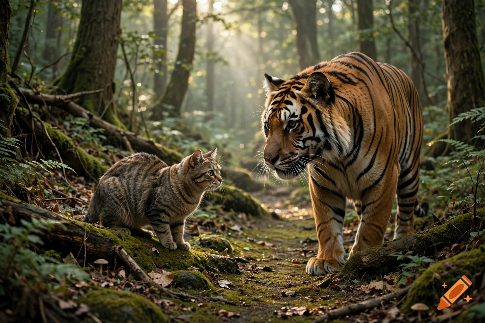 A domestic tabby cat and a large tiger face each other on a mossy path in a sunlit forest, photorealistic style.