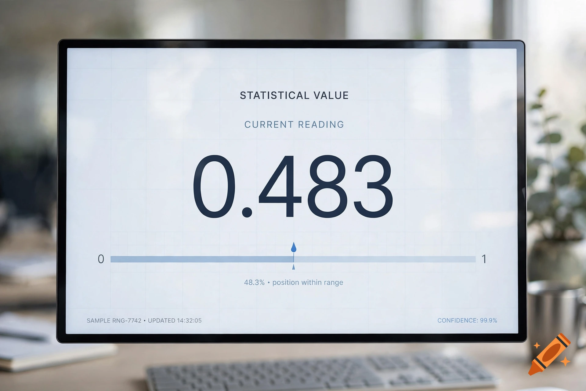 A computer monitor displaying a statistical value of 0.483 on a digital interface.
