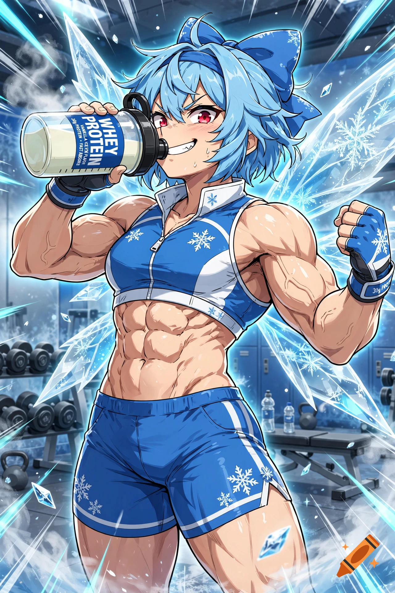Anime style illustration of a muscular Cirno with ice wings chugging a whey protein bottle in a gym.