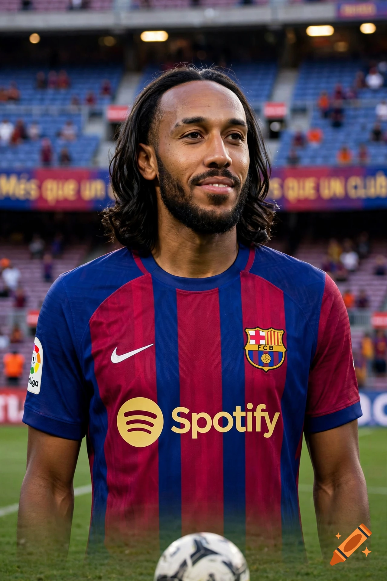 Photorealistic portrait of a soccer player wearing a Barcelona jersey with Spotify sponsor logo in a stadium.