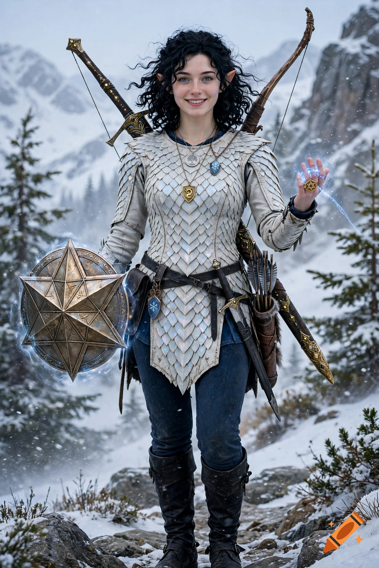 Photorealistic full-body shot of a smiling elven woman with black curly hair in snowy mountains, wearing dragon-scale armor and holding a shield.