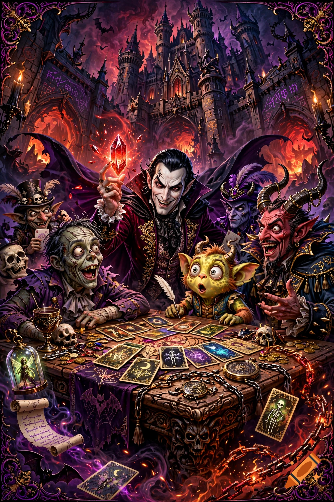 Colorful digital illustration of a vampire, zombie, demon, and goblin playing a card game at a table in a gothic castle.
