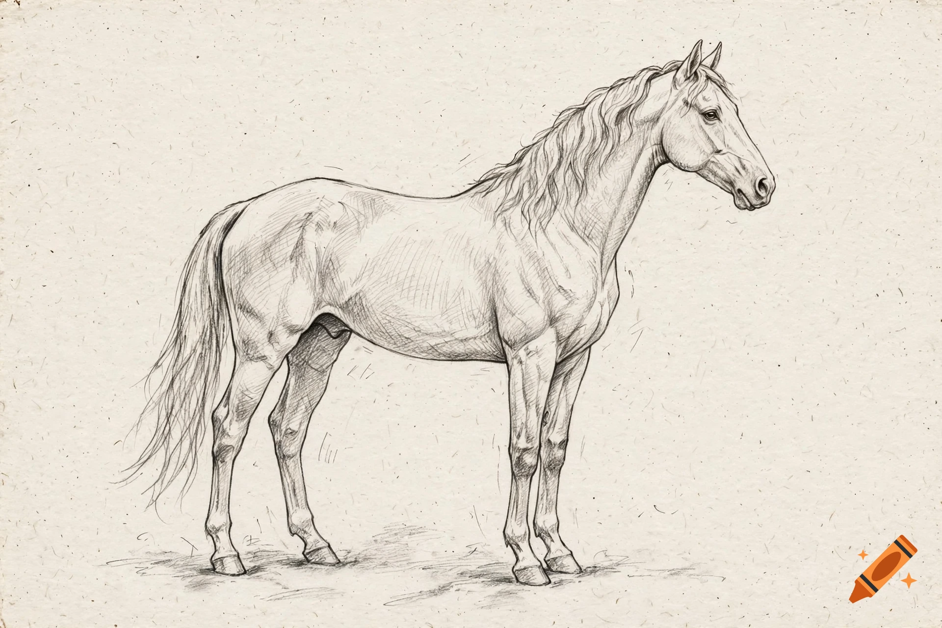 A detailed pencil drawing of a horse standing in profile on textured paper.