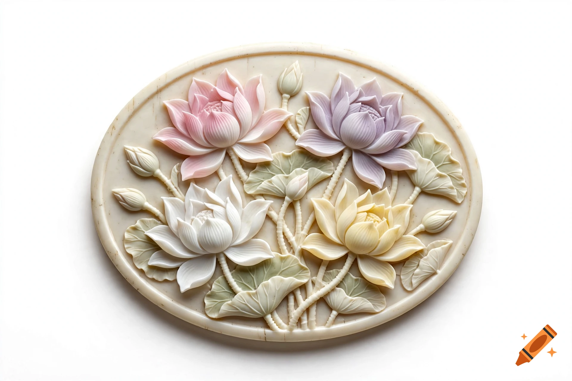 An oval cameo relief carving depicting lotus flowers of various colors on a white background.