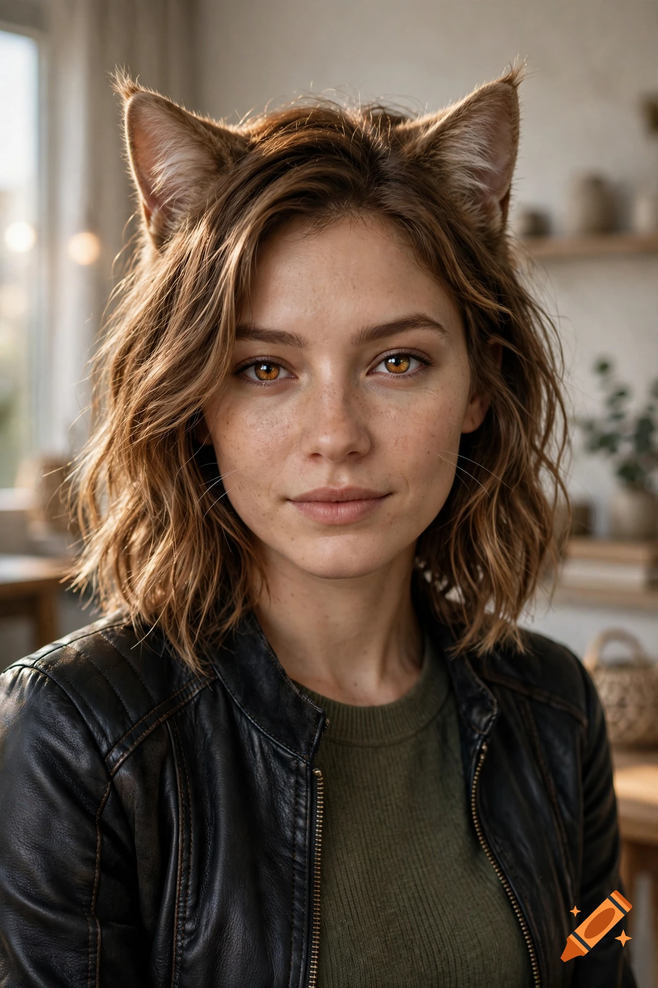 Photorealistic close-up portrait of a young woman with cat ears and amber eyes wearing a black leather jacket.