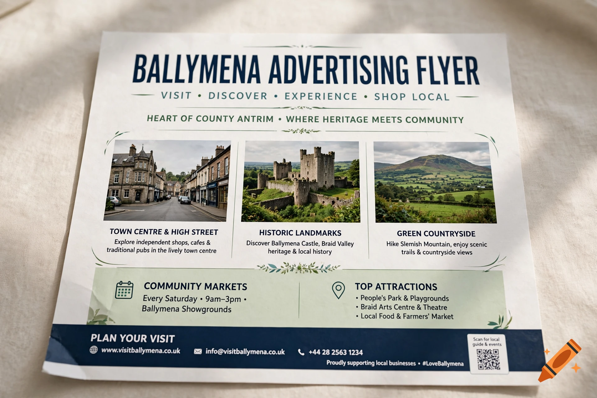 A close-up photograph of a Ballymena advertising flyer featuring headings, photographs of town scenes, a castle, and countryside.