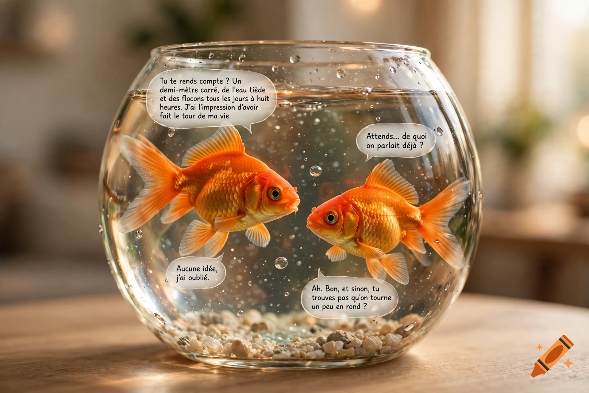 Two goldfish in a glass fishbowl talking with speech bubbles in a cozy room, photorealistic.