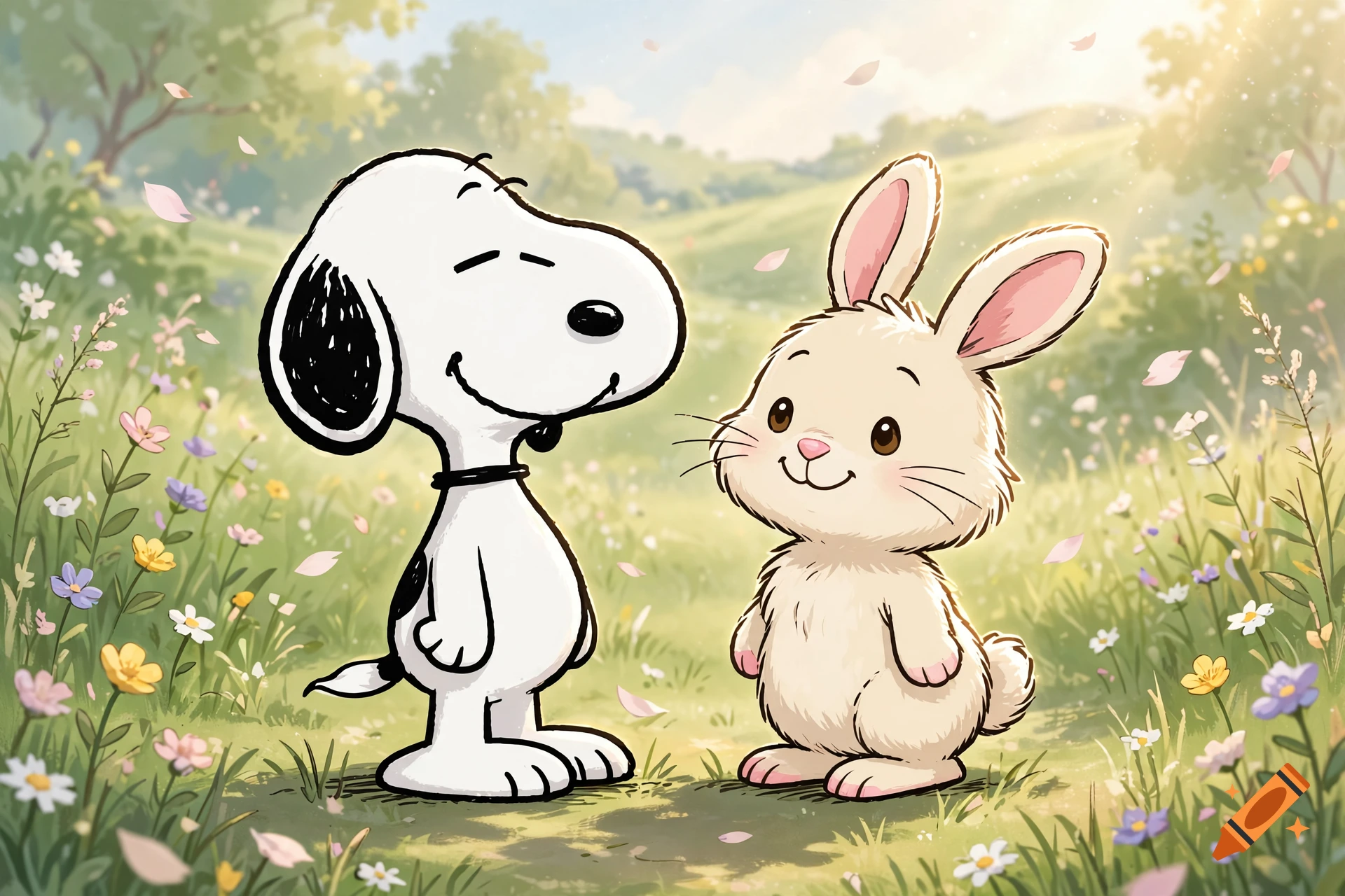 Digital illustration of Snoopy standing facing a cute rabbit in a sunny, flower-filled meadow.