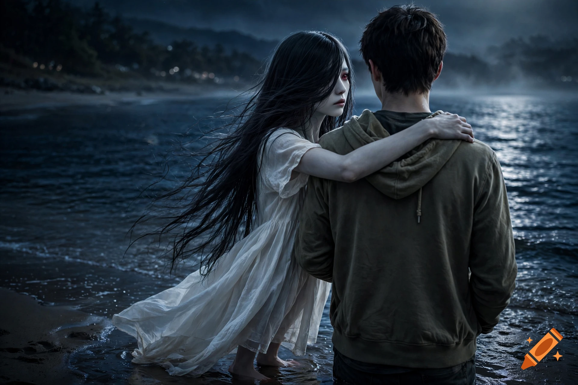 A Japanese horror ghost woman in a white dress with long black hair hugs a young man on a dark midnight beach.