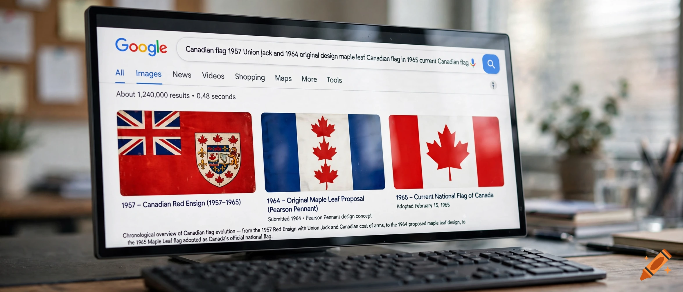 Monitor displaying a Google image search for historical Canadian flags on a desk in an office setting, photorealistic.