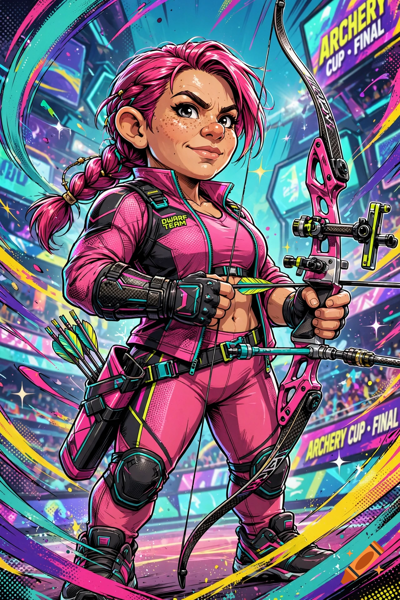 Comic style illustration of a female dwarf archer in pink athletic gear holding a modern recurve bow in an arena.