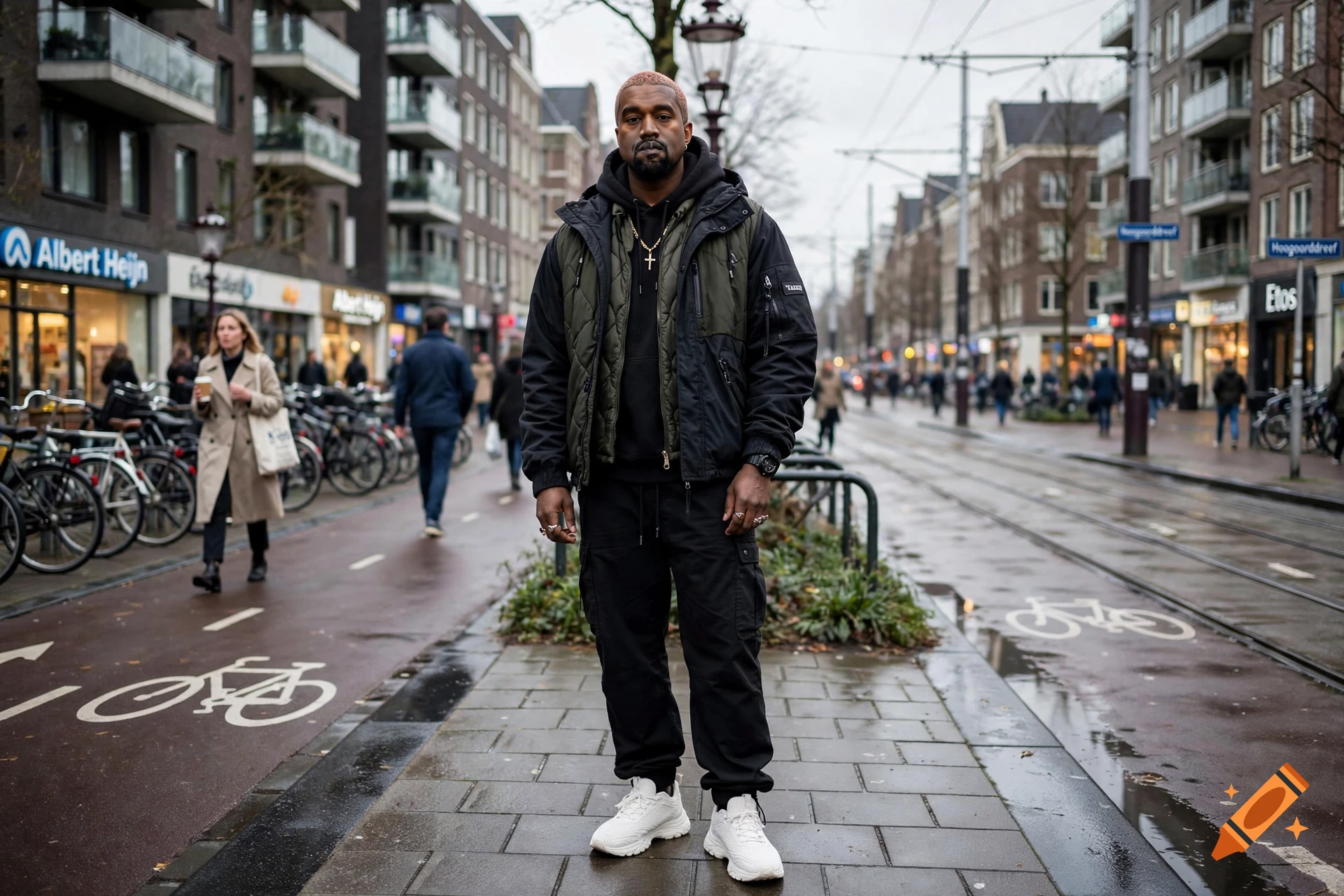 Photorealistic image of Kanye West standing on a city street in Amsterdam wearing a dark quilted jacket.