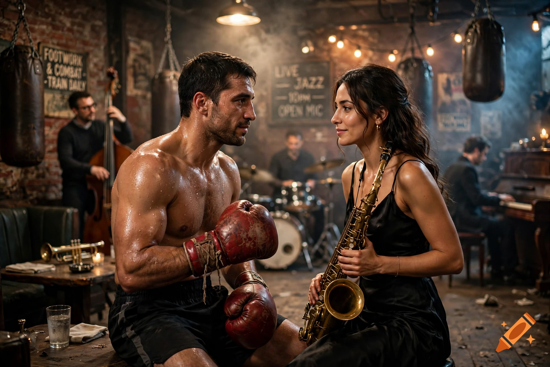 Photorealistic scene of a sweating boxer in red gloves and a woman holding a saxophone inside a dimly lit jazz club.