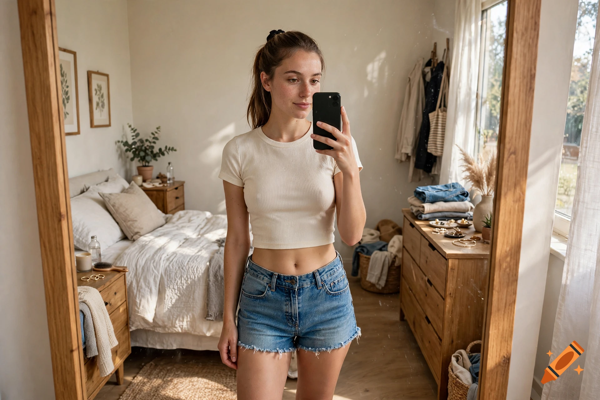 Photorealistic mirror selfie of a young woman with dark blonde hair in a ponytail, wearing a white crop top and denim shorts in her bedroom.