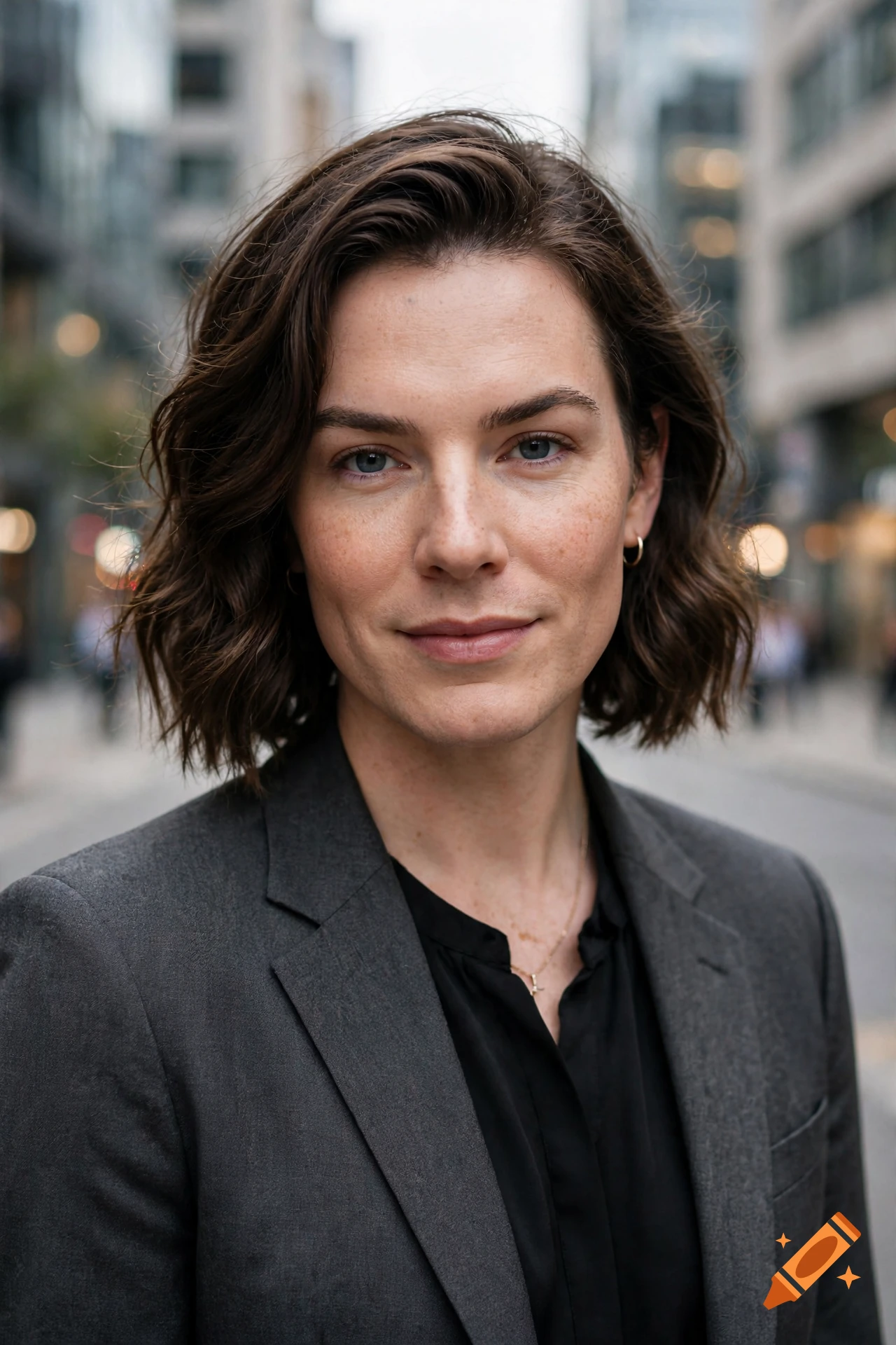 Close-up portrait of a person with short brown hair and freckles, wearing a dark blazer over a black shirt on a city street.