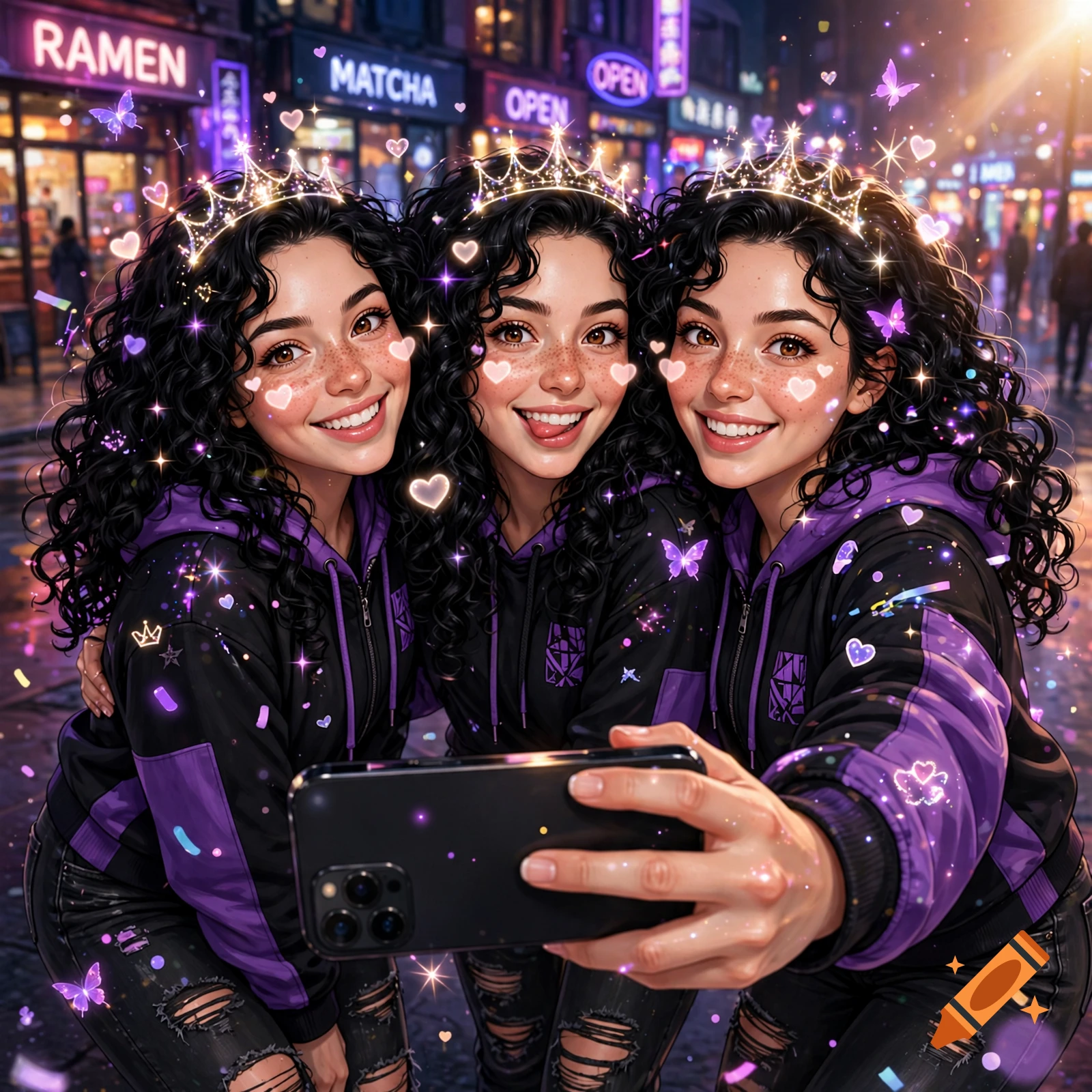 Identical triplet sisters with dark curly hair taking a selfie together under neon signs at night.