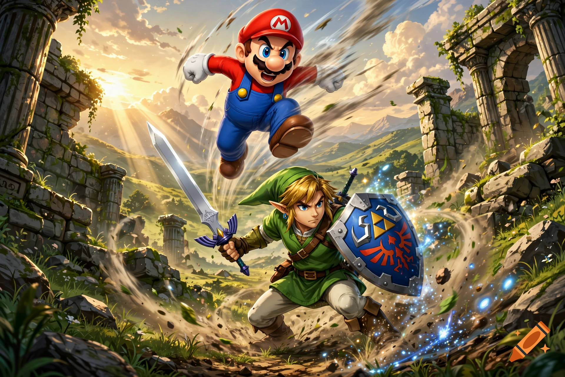 Mario jumps over Link in a dynamic fantasy landscape with ancient ruins and rolling hills, digital art style.