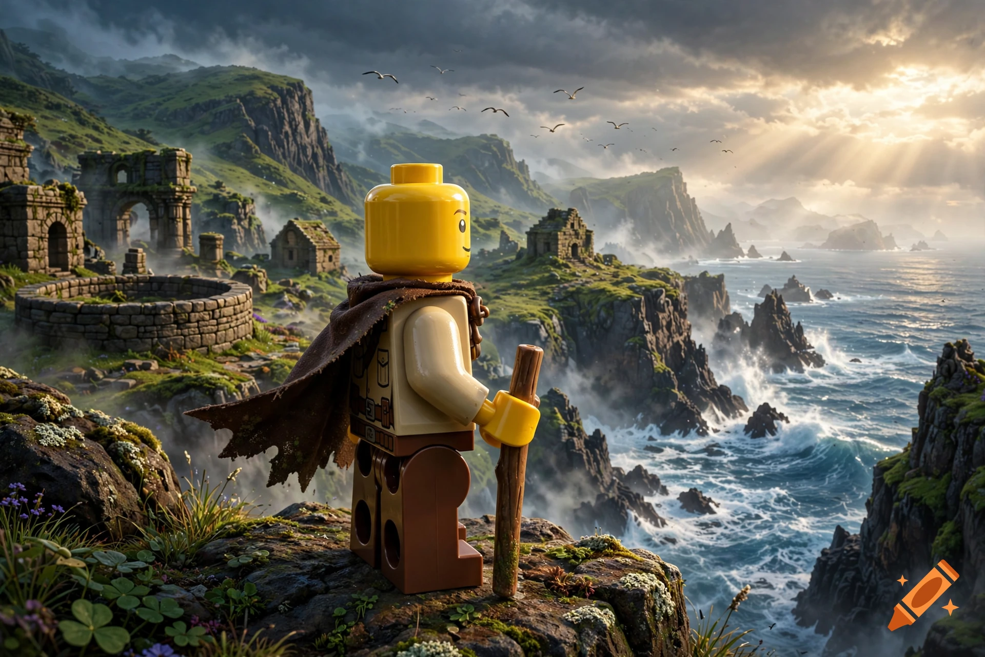 A Lego minifigure holding a wooden staff looks out over a dramatic coastal cliffside with ruins and crashing waves, photorealistic style.