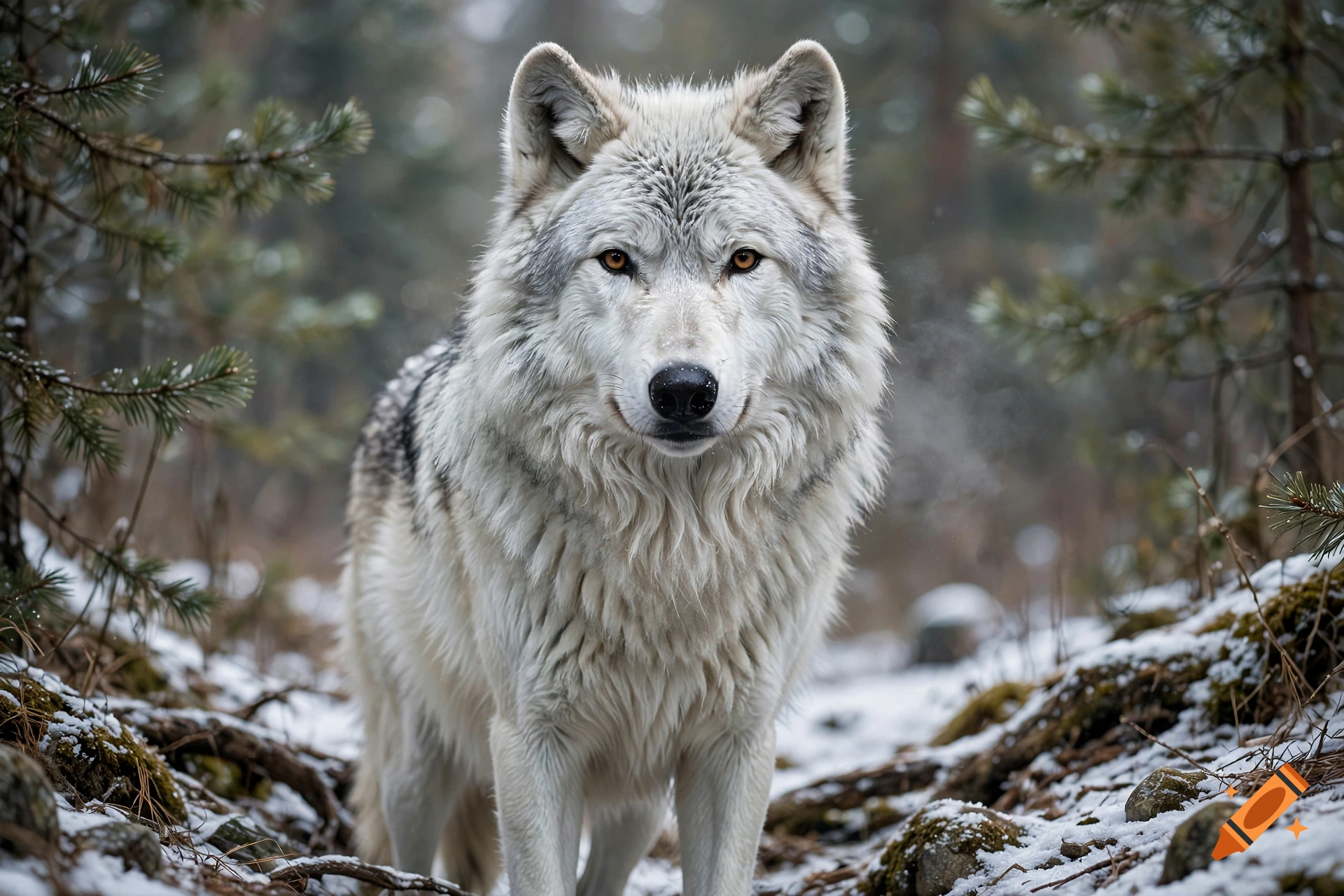 Photorealistic white wolf standing in a snowy forest.