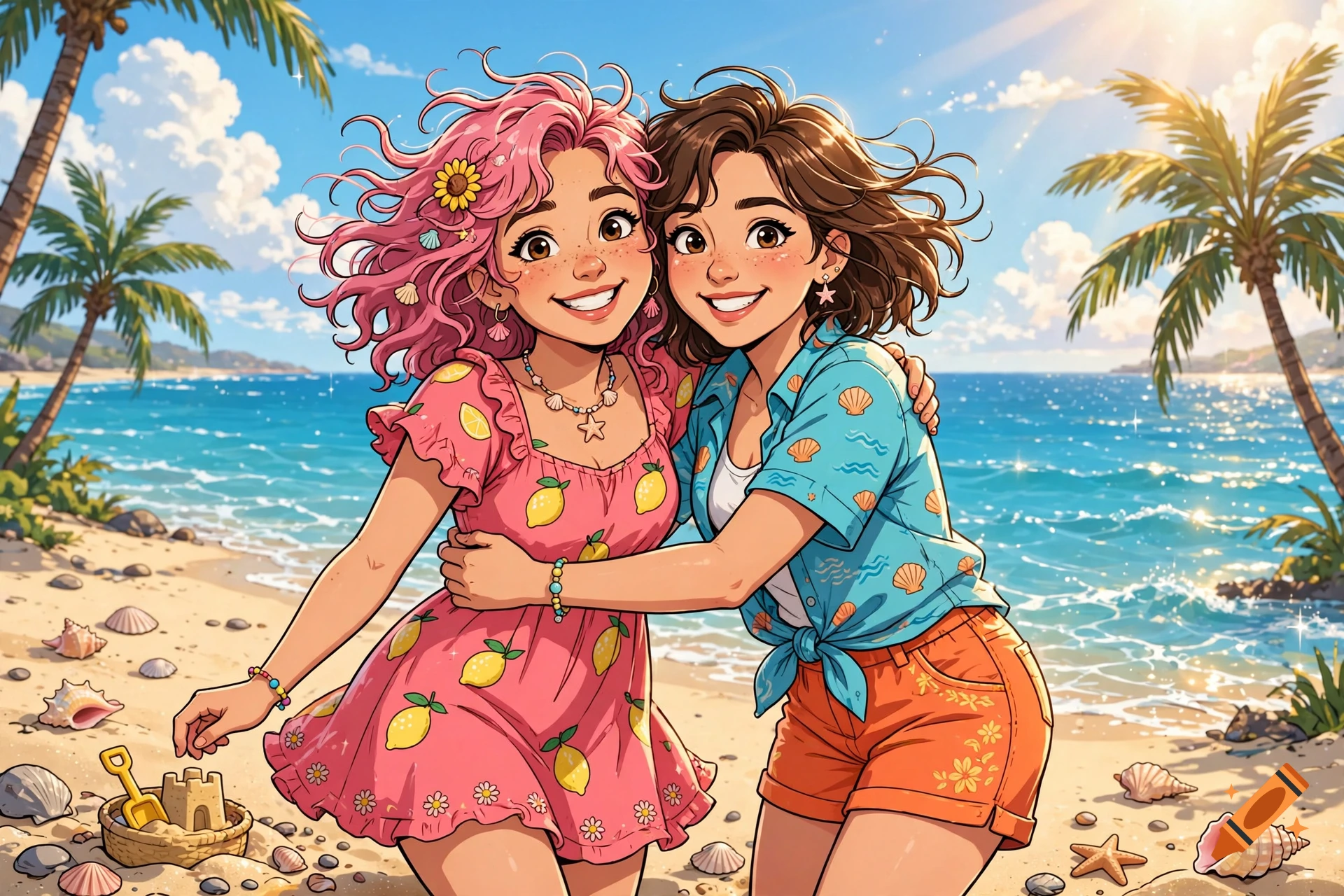 Animated style illustration of two best friends hugging on a sunny beach with palm trees and ocean.