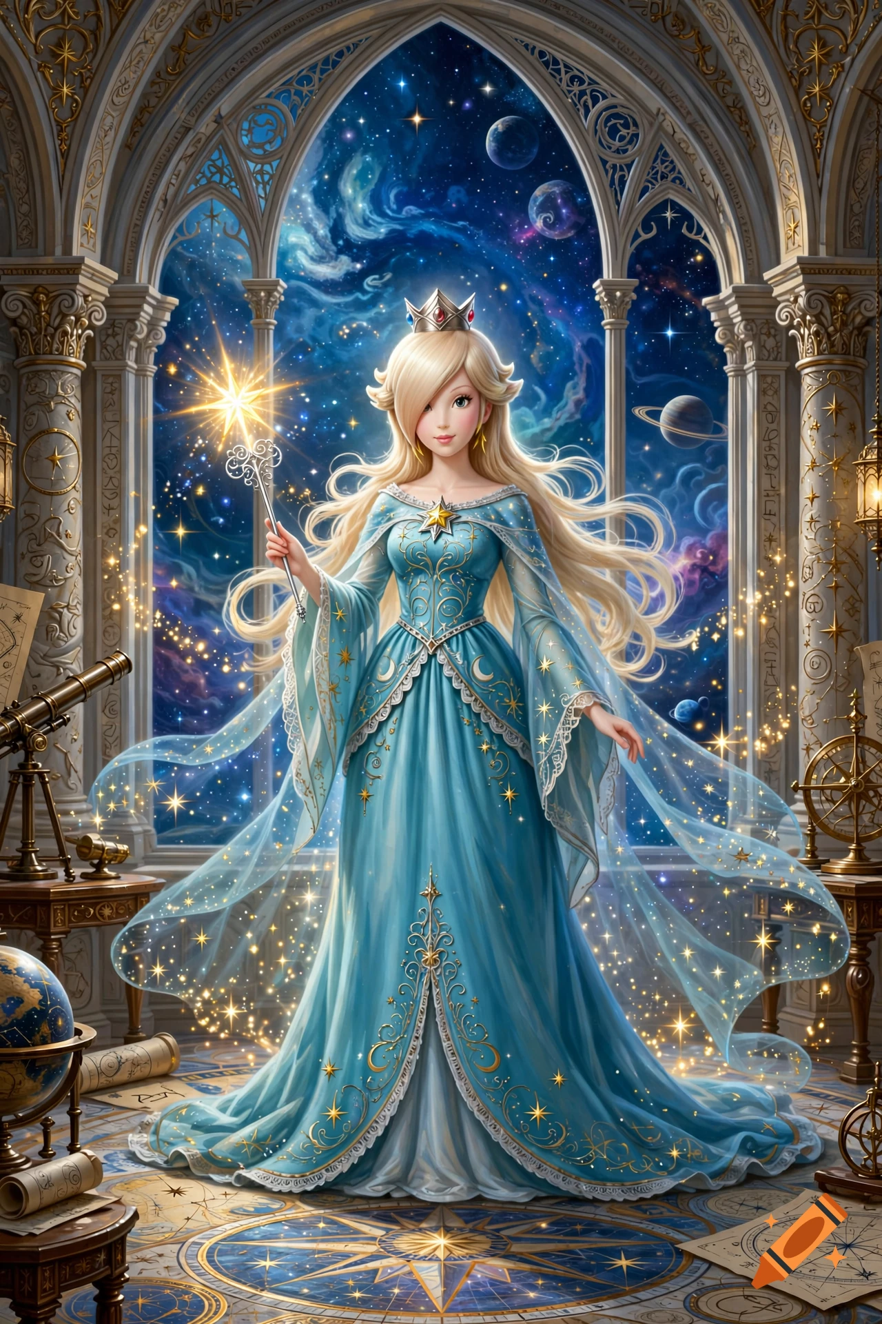 Princess Rosalina holding a star wand in an observatory with a starry cosmic background, digital art style.