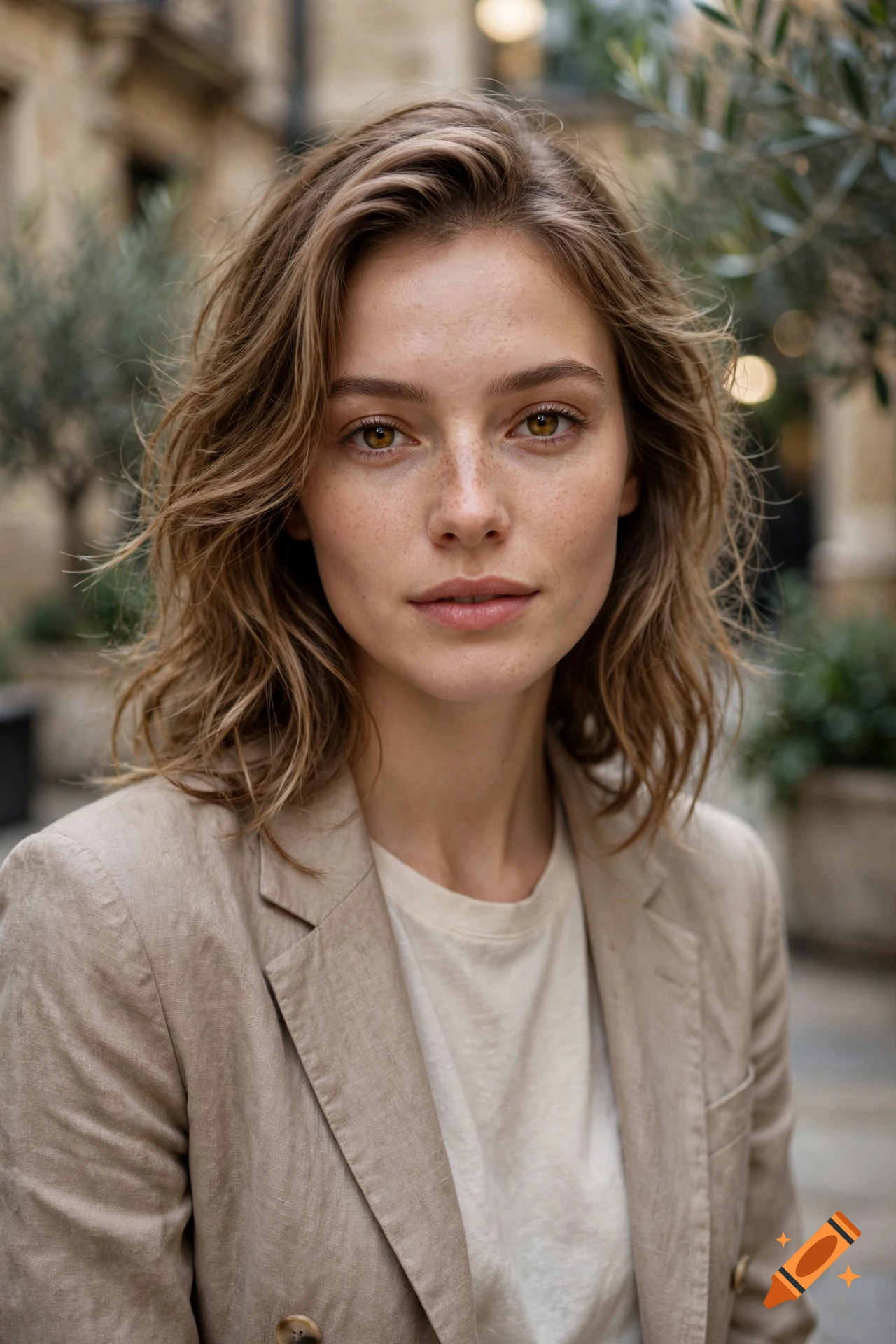 Photorealistic close-up portrait of a young woman with shoulder-length wavy brown hair, freckles, and light-colored eyes, wearing a beige blazer over a white t-shirt in an outdoor urban setting.