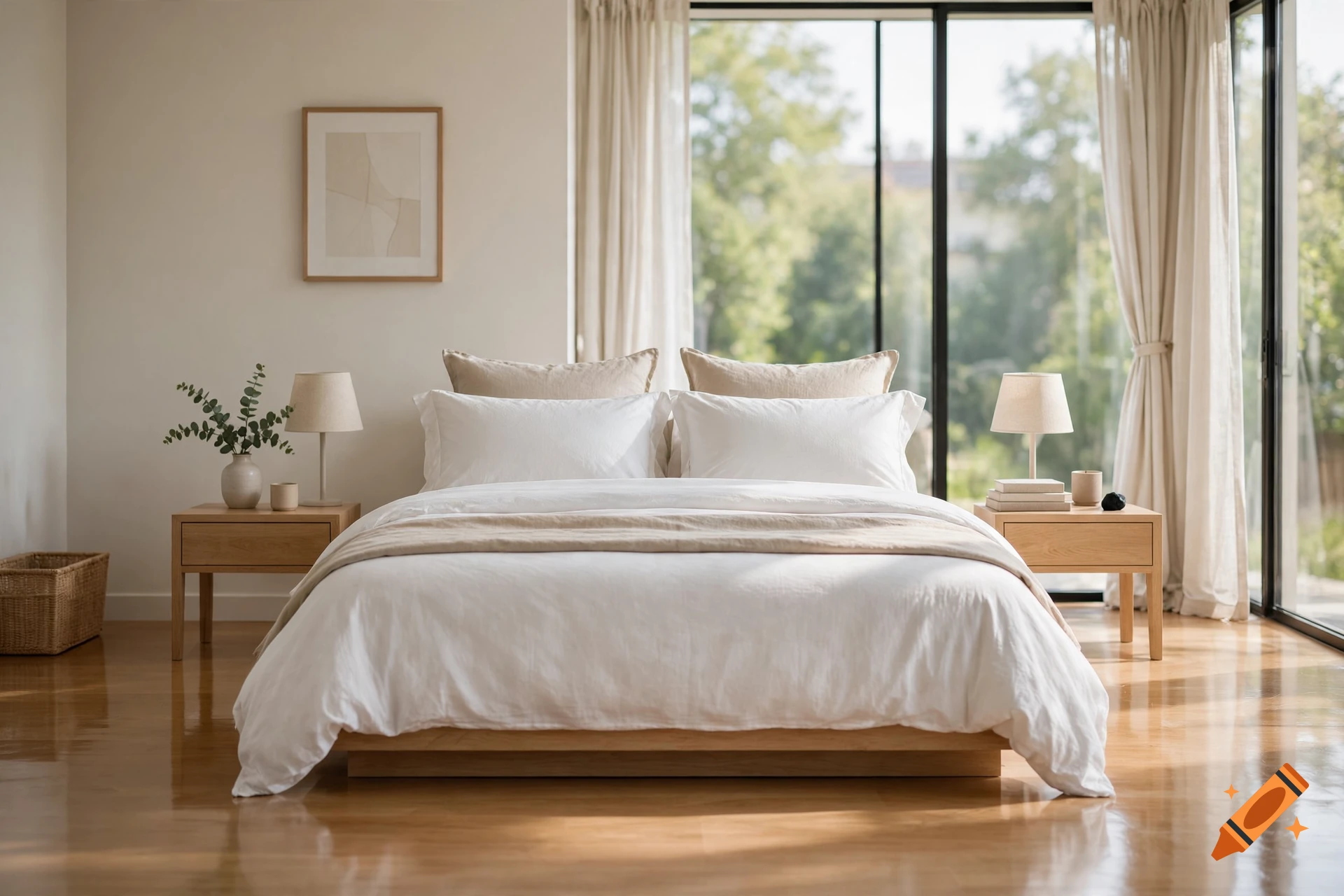 Photorealistic bedroom interior with a white bed, wooden nightstands, lamps, and large glass windows overlooking greenery.