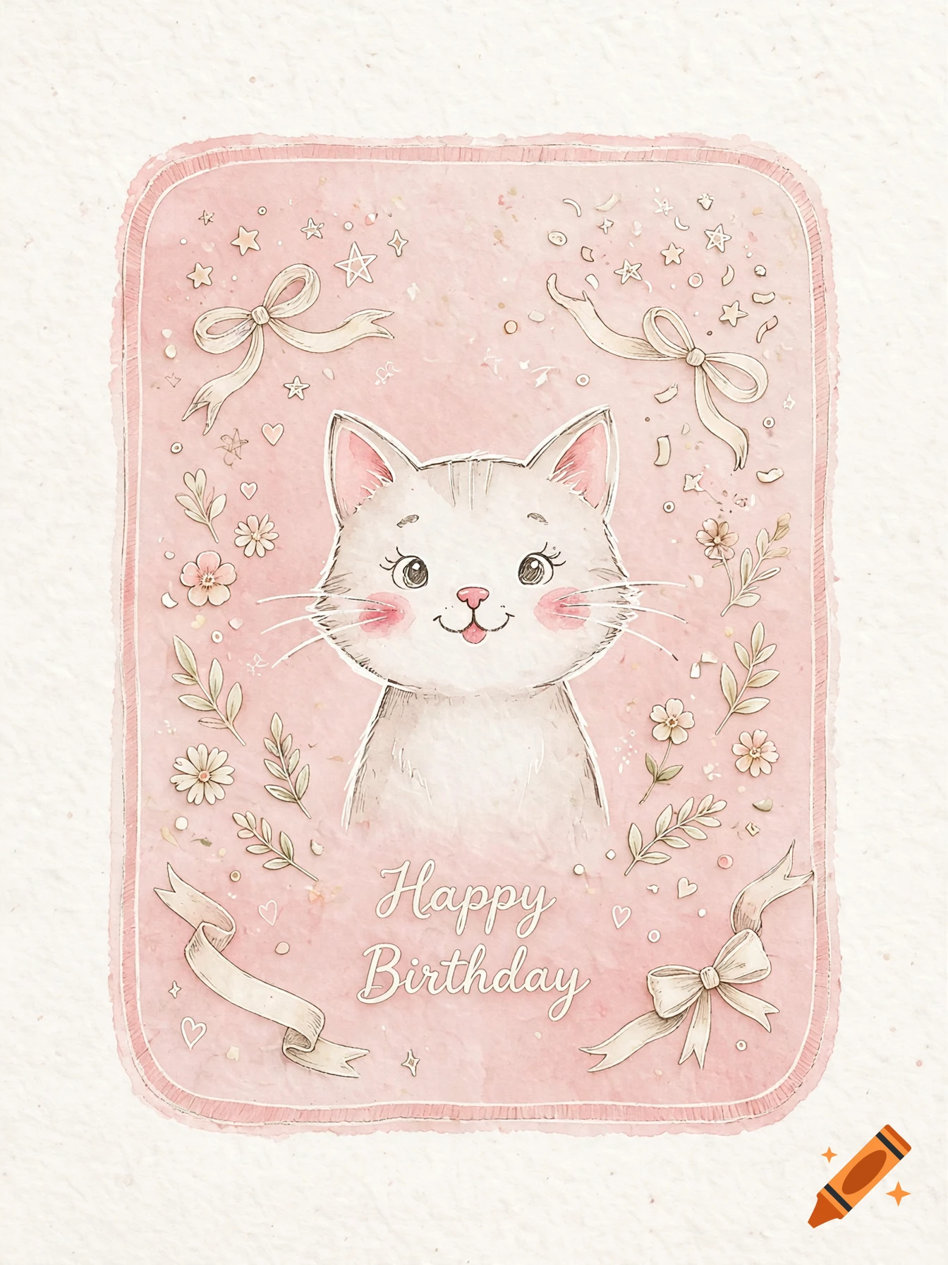 Pastel pink watercolor birthday card featuring a cute white cat, bows, and flowers.
