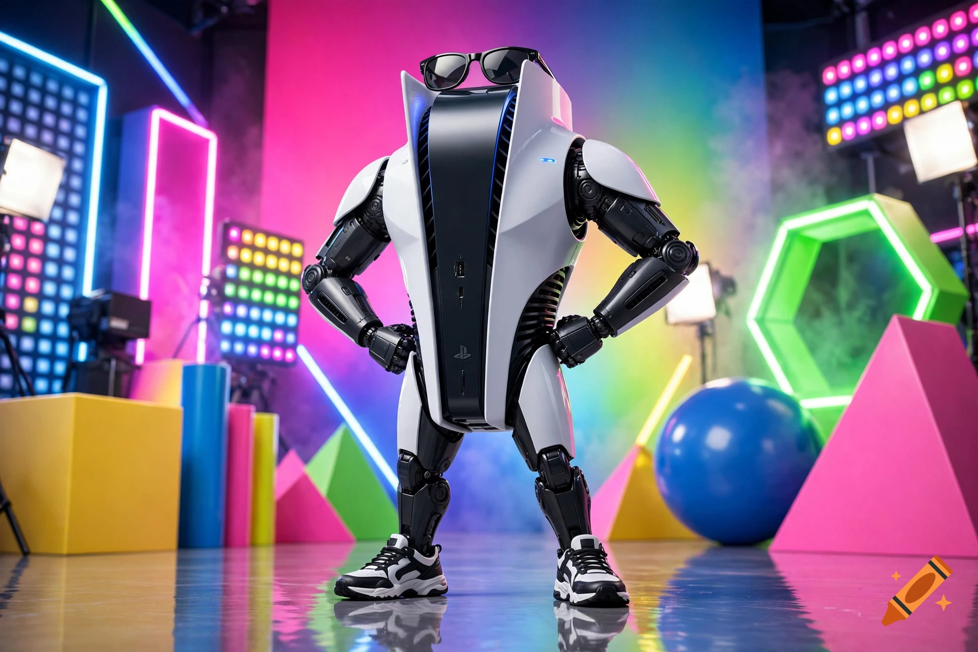 3D render of a PlayStation 5 console anthropomorphized with arms, legs, sneakers, and sunglasses in a colorful studio.