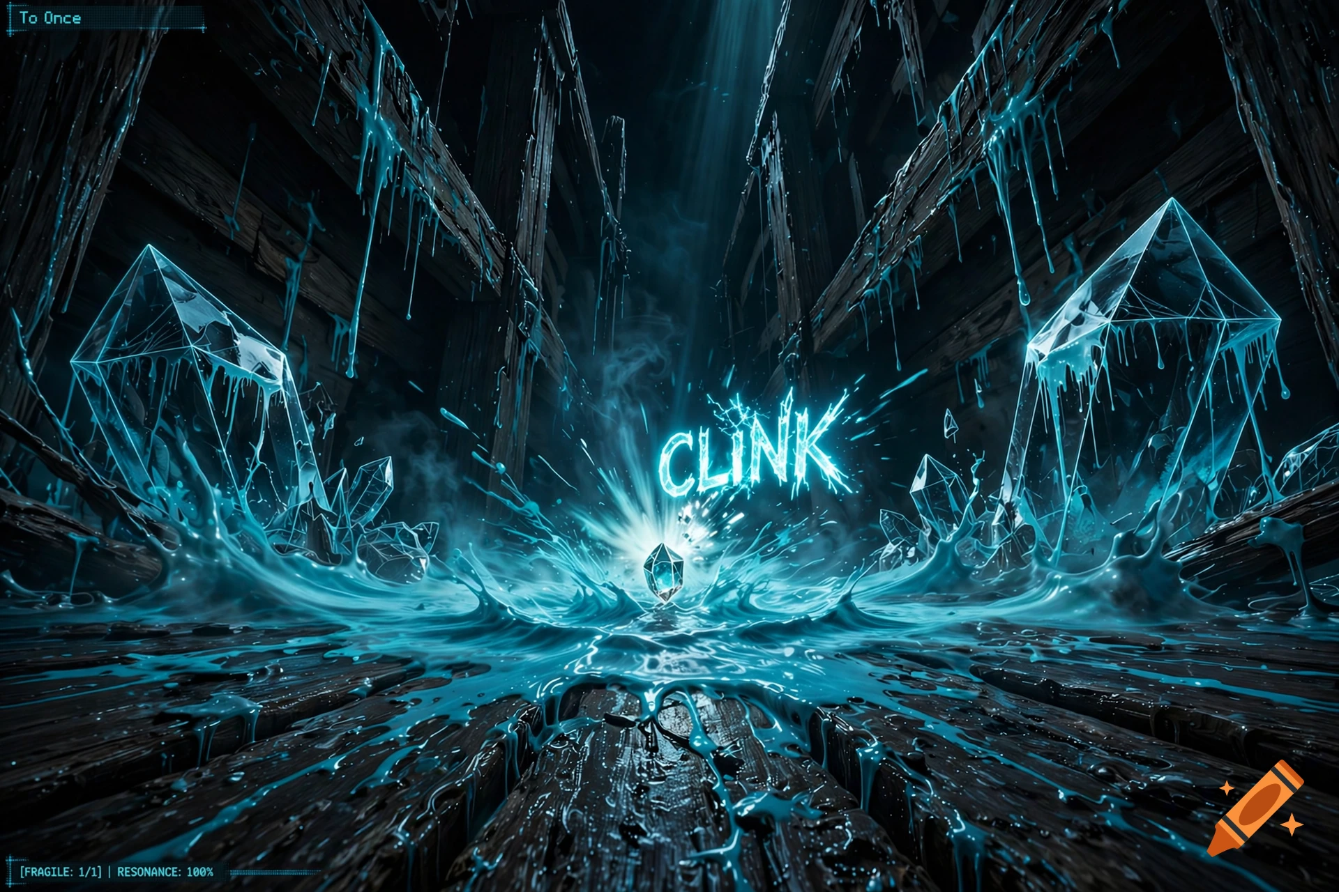 A dark, atmospheric fantasy scene with glowing blue crystals, dripping liquid, and the glowing text "CLINK" in the center.