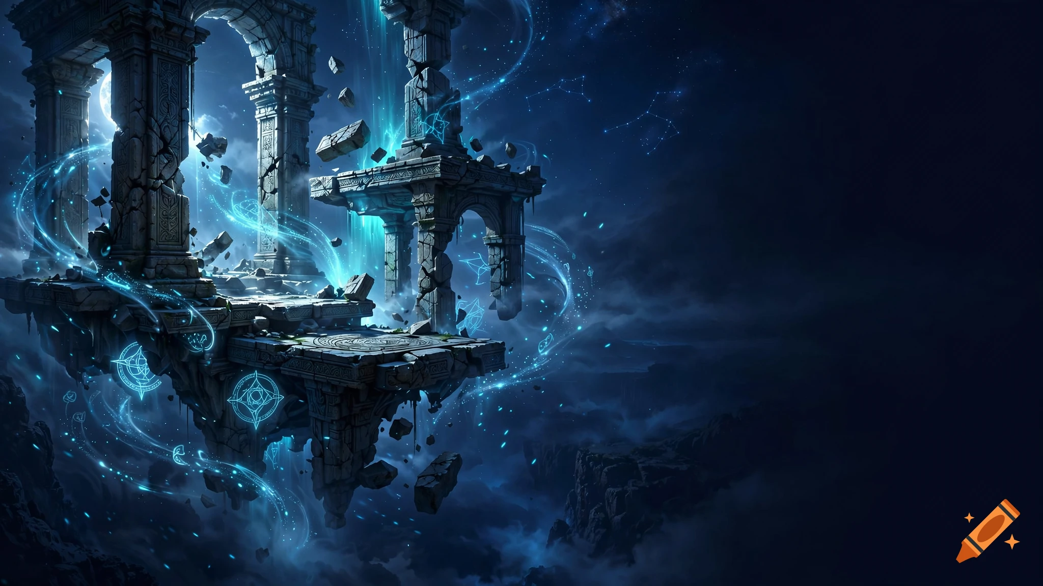 Floating ancient stone temple ruins with glowing cyan magic particles under a dark starry night sky, digital art fantasy login screen.