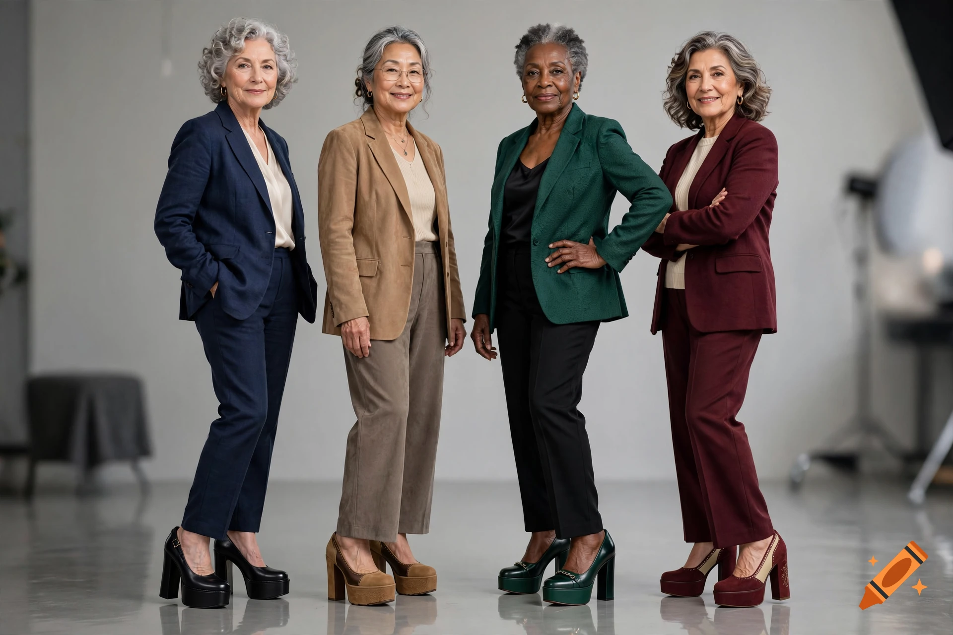 Four older women posing in a studio setting, each wearing professional suits and platform heels.