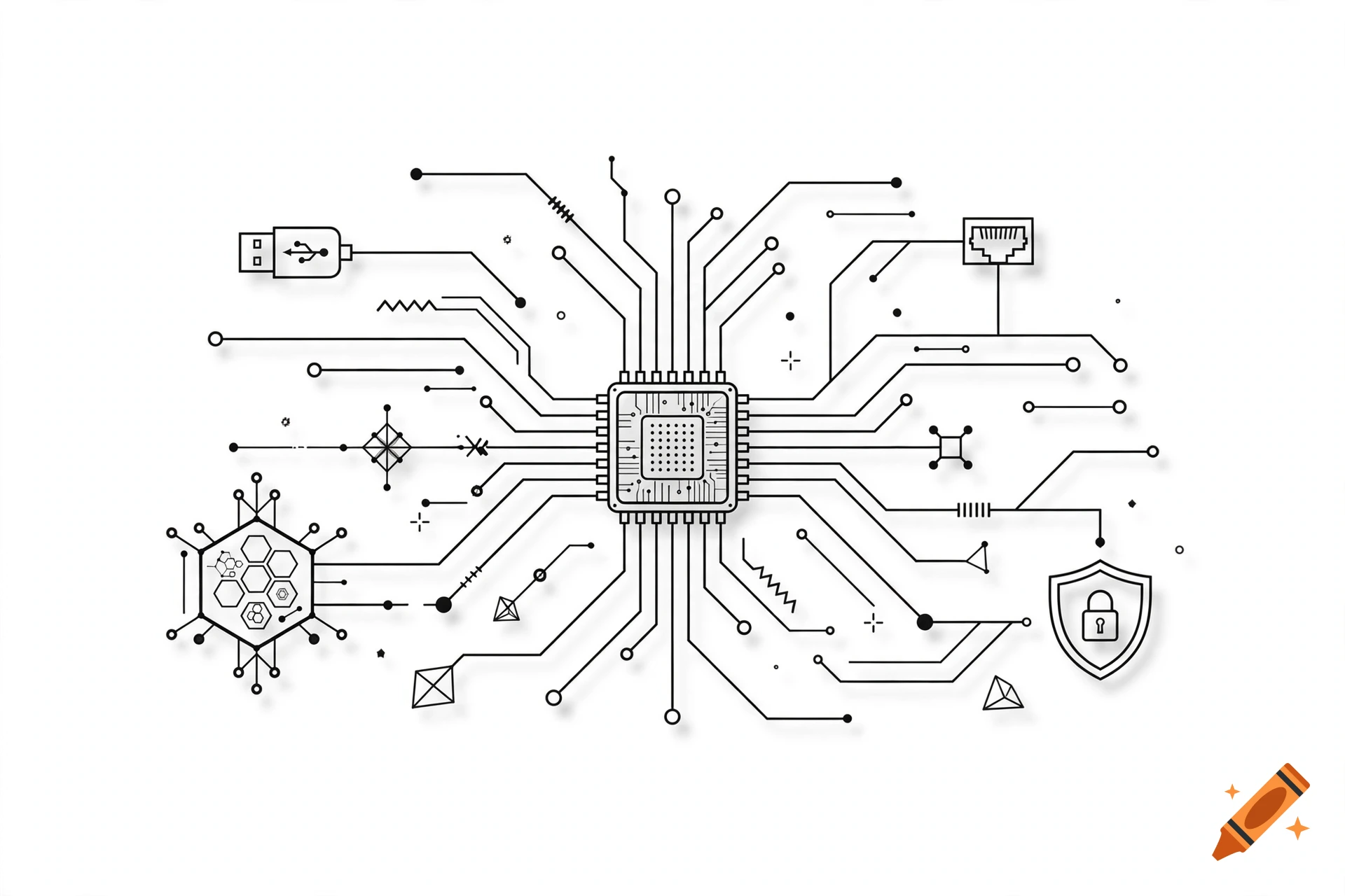 Minimalist black line art of a central microchip connected to various tech icons on a white background.