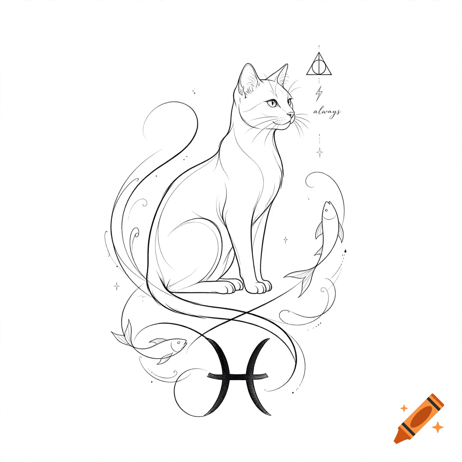 Fine line tattoo design of an elegant cat sitting with fish, the Pisces symbol, and Harry Potter elements including the word always.