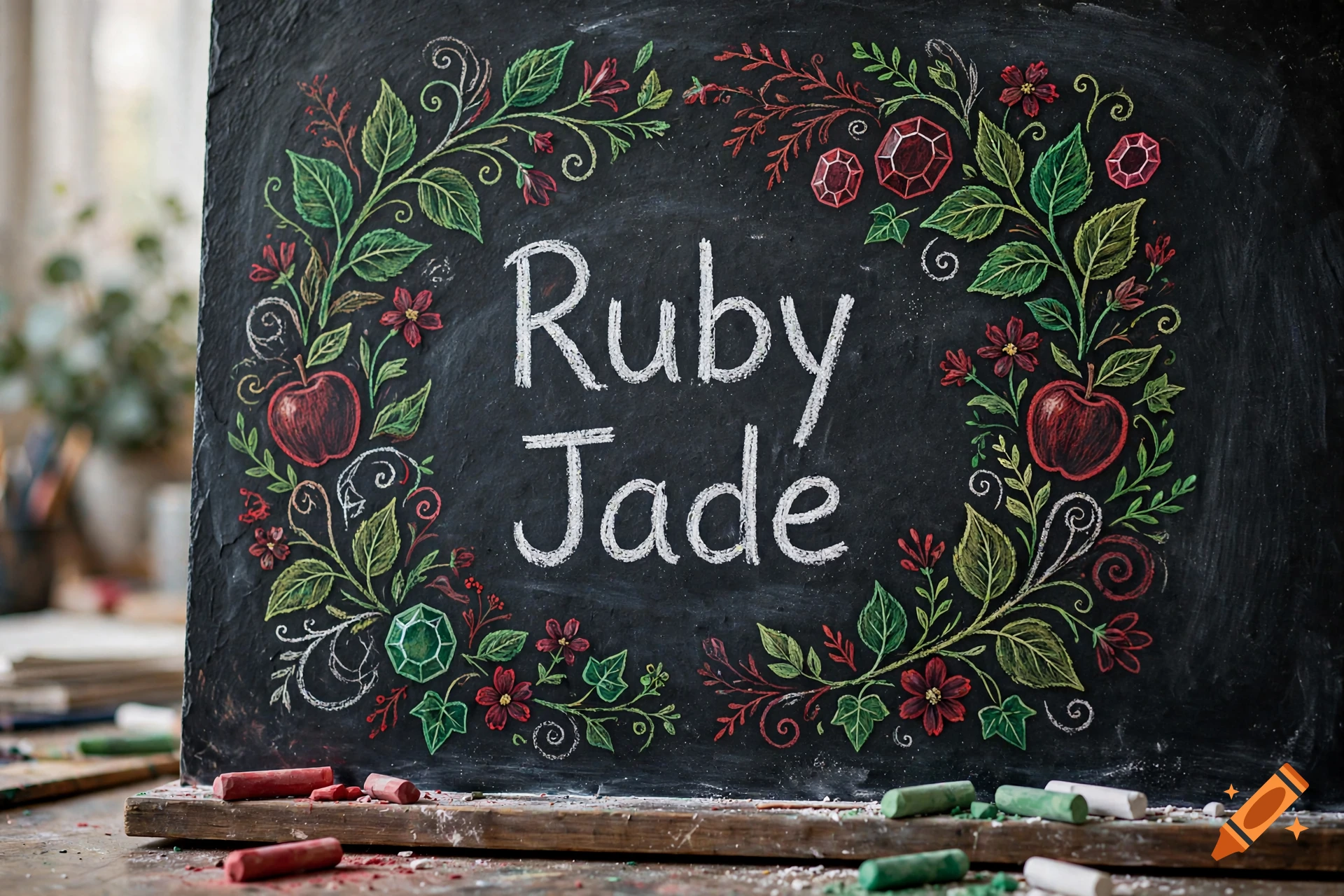 Chalkboard with the words Ruby Jade written in white chalk surrounded by green leaves, red flowers, apples, and gems.