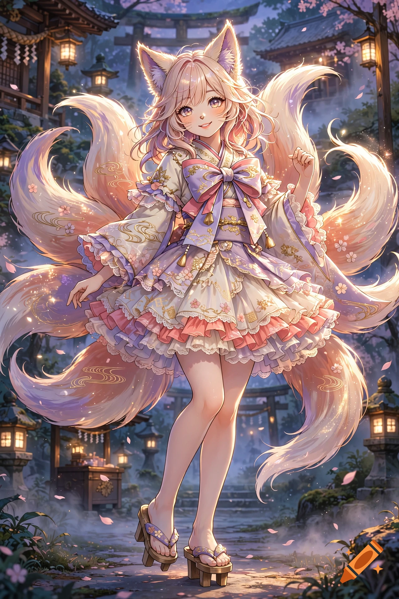 An anime-style kitsune girl with multiple fluffy tails, fox ears, and a decorative kimono standing in a traditional Japanese shrine setting.