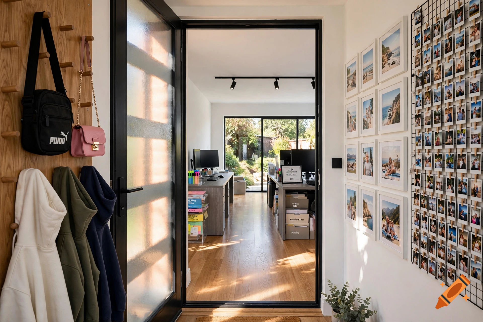 Modern hallway looking through an open door into a bright home office with desks, computers, and a photo gallery wall.