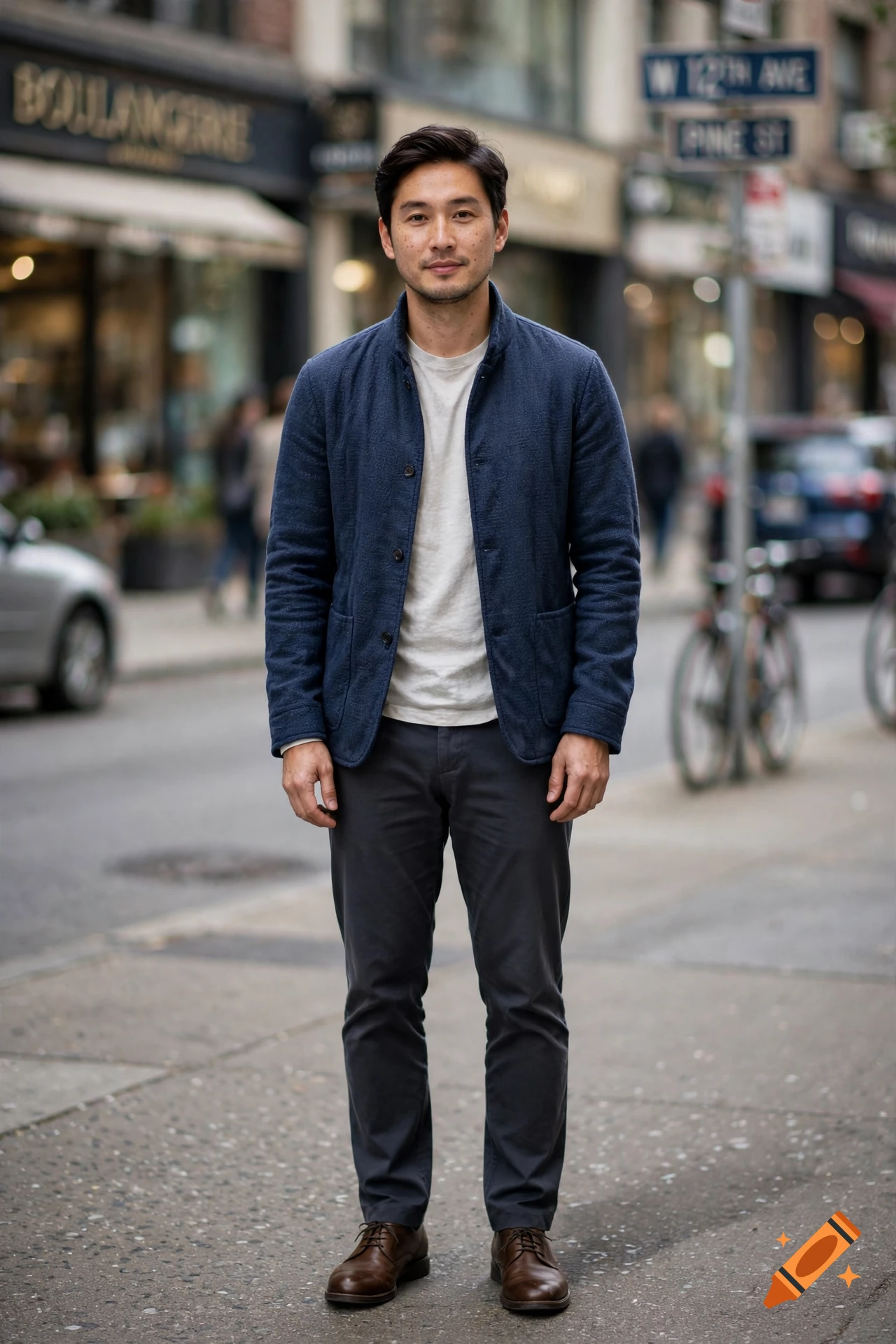 Photorealistic full-length portrait of a man standing on a city sidewalk wearing a navy blue jacket over a white t-shirt.