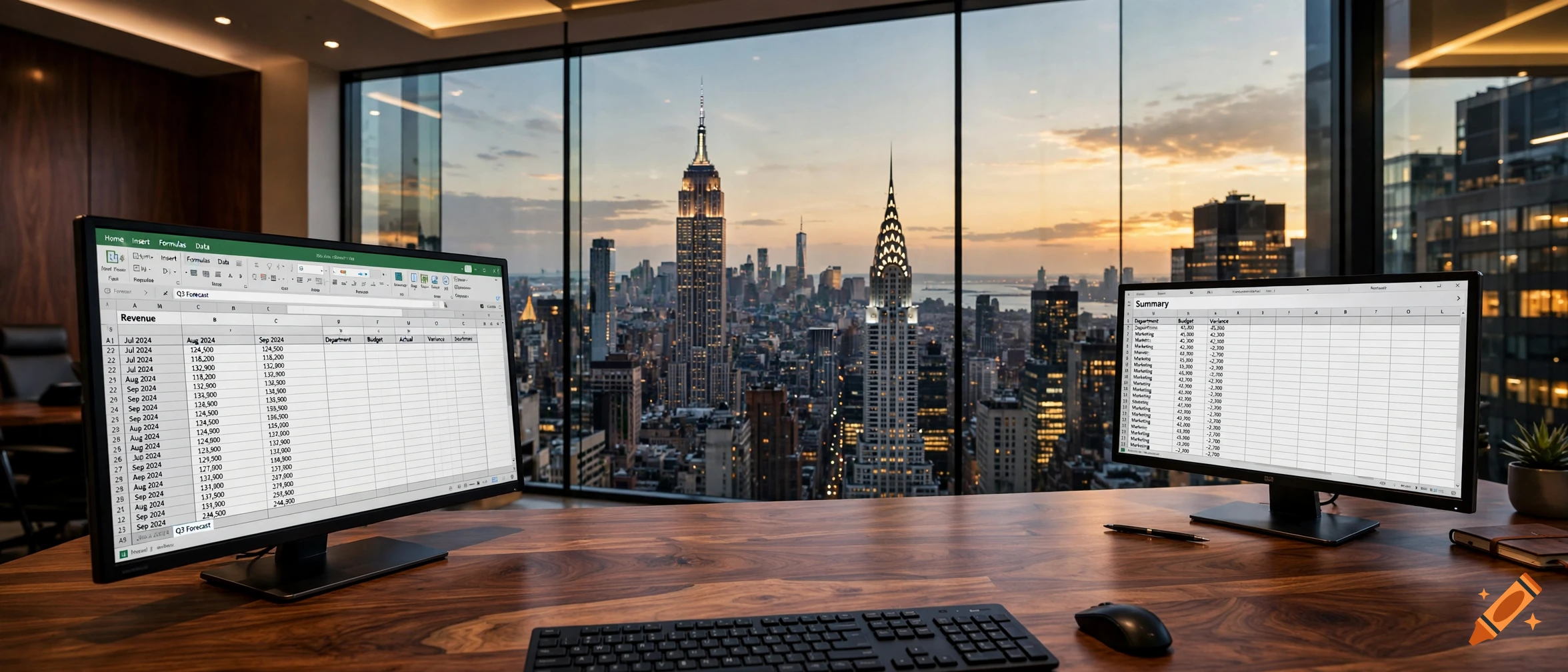Photorealistic view from a luxury office desk showing two monitors with spreadsheets and the New York skyline at sunset.
