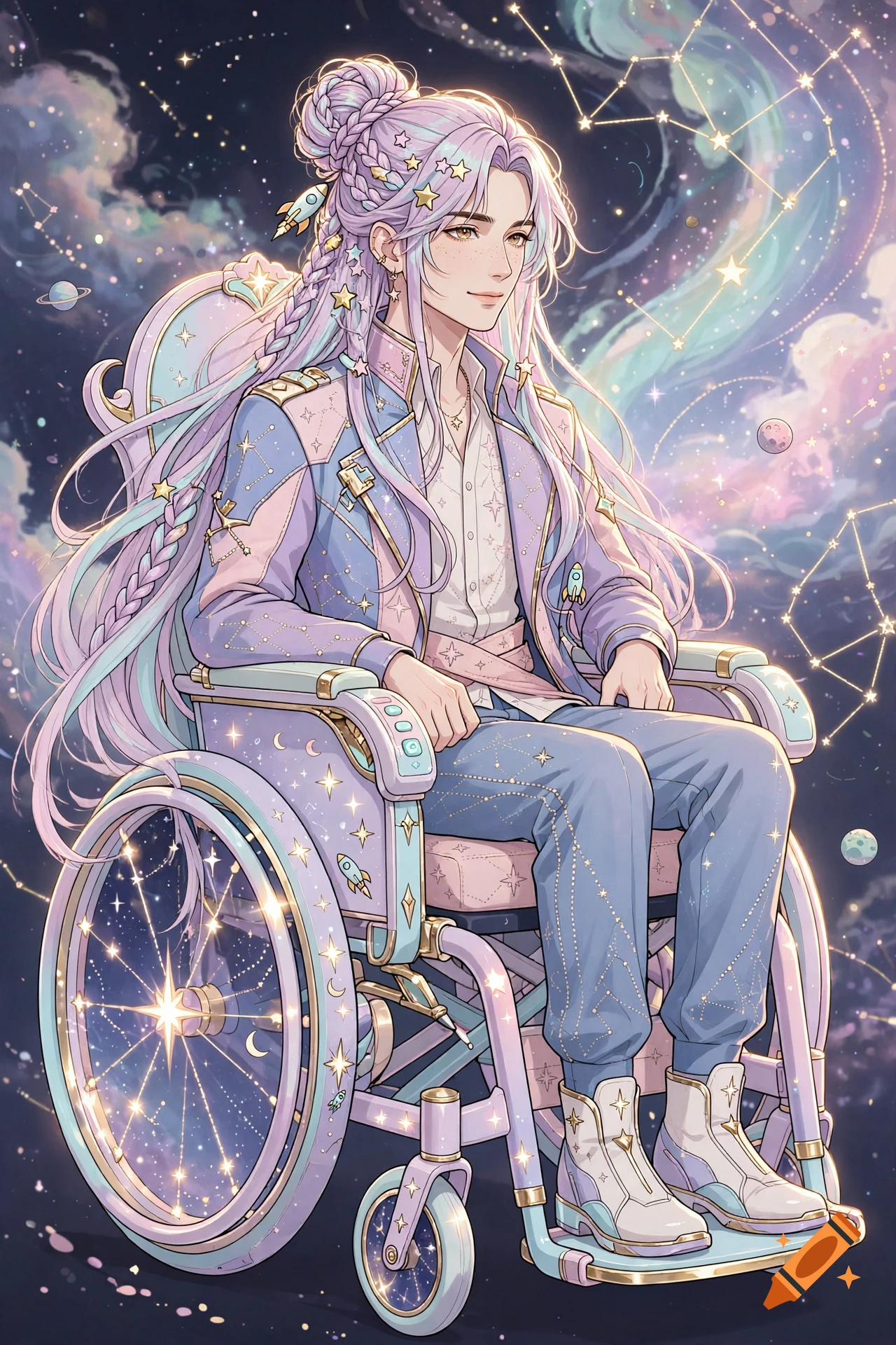 An anime-style portrait of a person with long pastel purple hair, seated in a decorated wheelchair against a starry cosmic background.