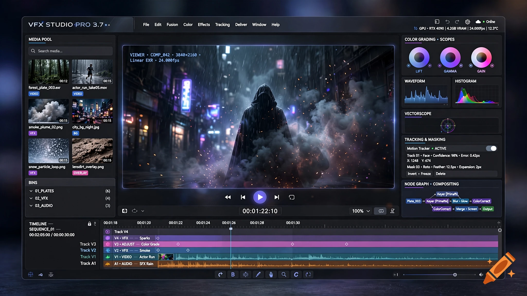 Professional video editing and VFX software interface displaying a timeline, media pool, and a hooded figure in a cyberpunk alleyway on the viewer.