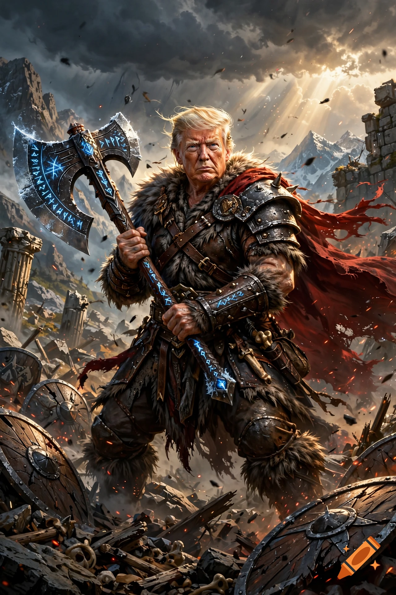 Digital painting of Donald Trump as a Viking barbarian holding a large rune-inscribed axe amidst a battlefield.