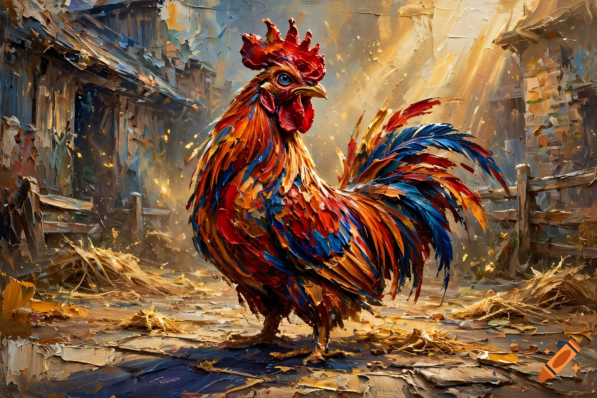 An impasto oil painting of a vibrant, colorful rooster standing in a rustic barn courtyard with sunlight streaming through.