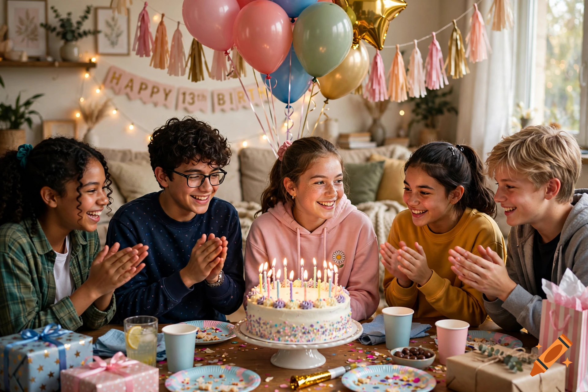 Five teenagers celebrating a 13th birthday around a cake with candles in a brightly lit living room.