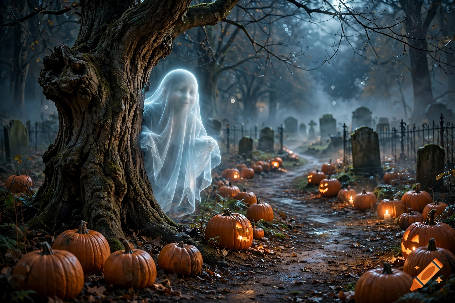 A friendly glowing ghost peeks out from behind a large tree in a spooky forest path lined with glowing pumpkins leading to a distant graveyard.