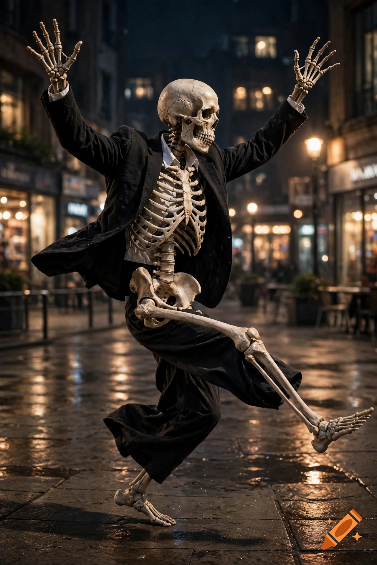 Photorealistic image of a skeleton in a black suit dancing in a wet city street at night.