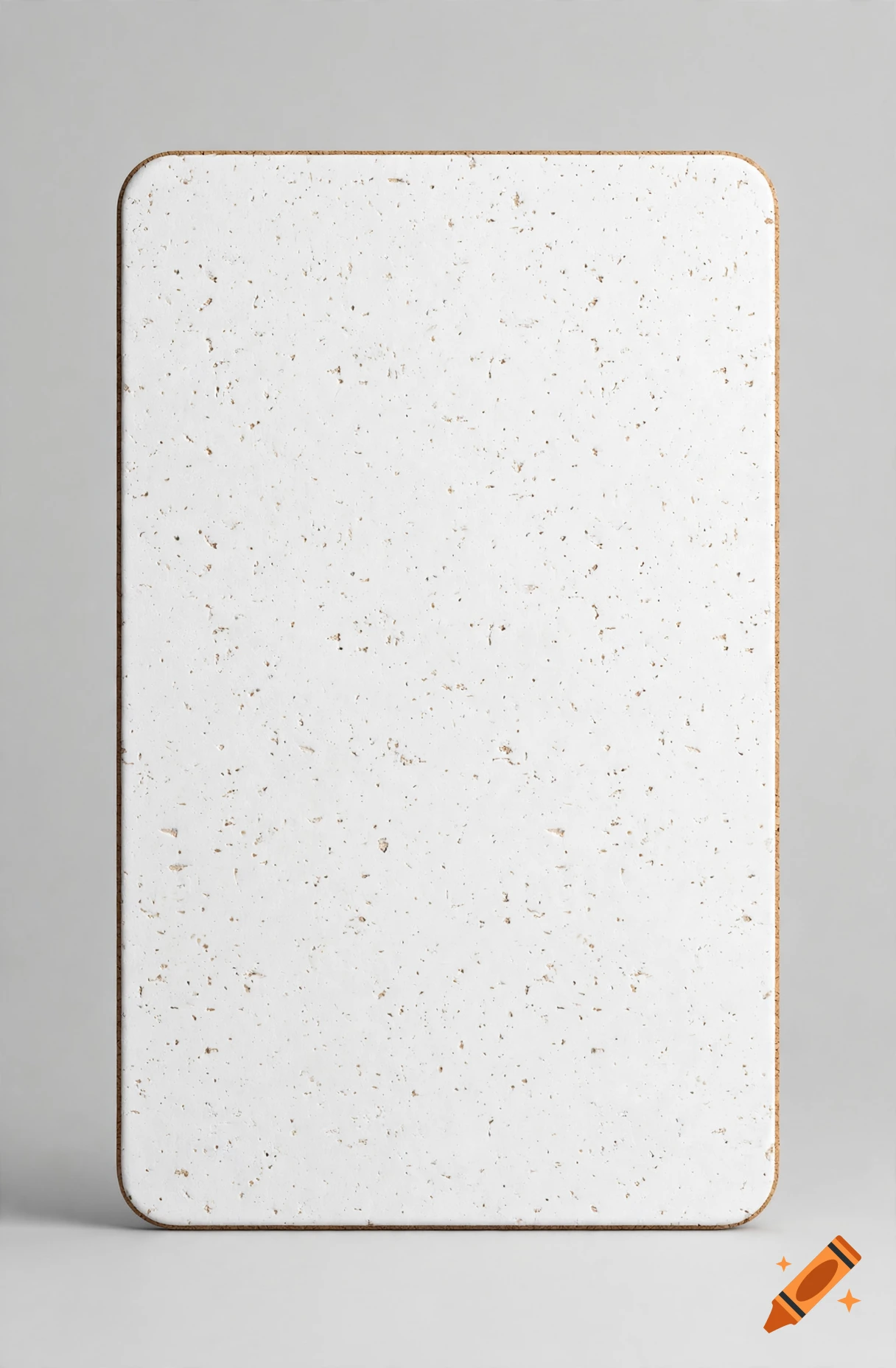 A rectangular white cork board standing vertically against a light gray background, photorealistic style.
