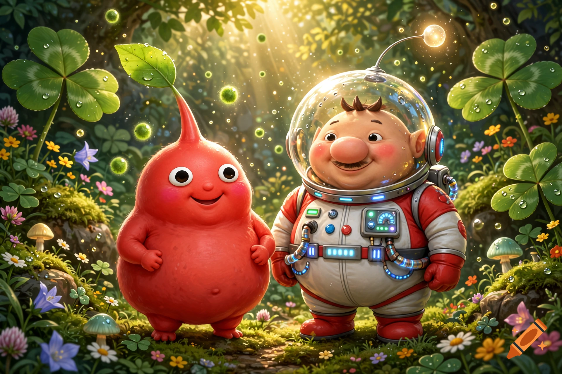 An obese red Pikmin and an obese astronaut resembling Olimar standing together in a lush, magical forest filled with clovers and glowing spores, digital art style.